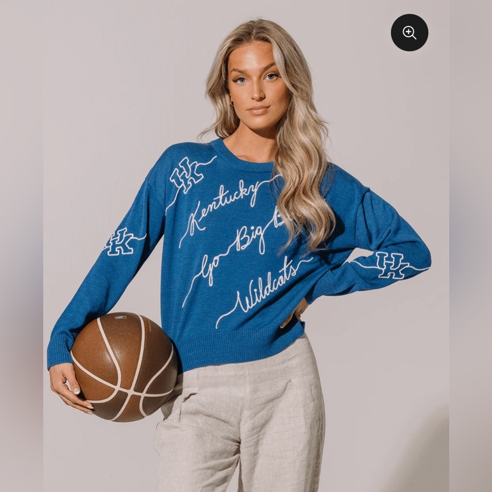 Kady Luxe Royal KY Wildcats Love Note Embroidered Merino Wool Blend Sweater
